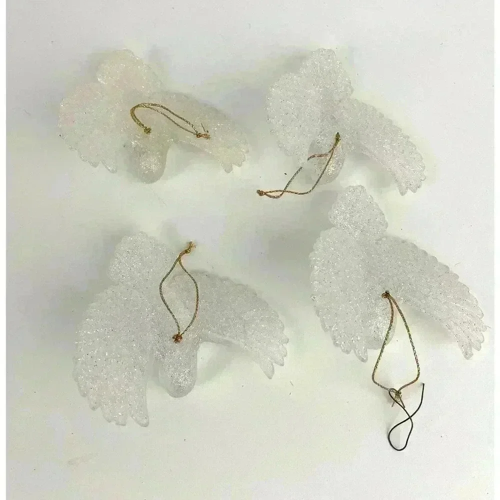 VTG 4‎ PC White Glitter Bird Christmas Ornaments